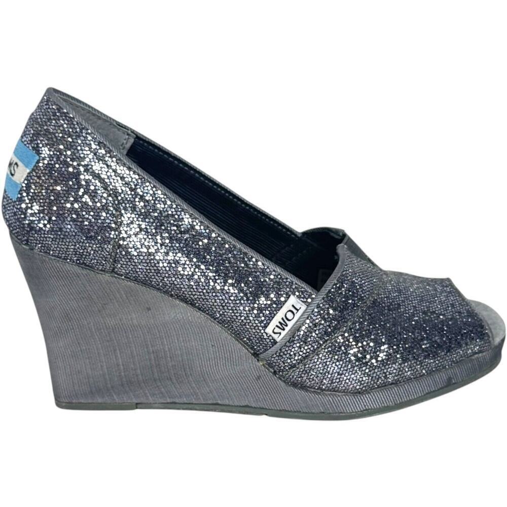 Toms Pewter Embellished Glitters Peep Toe Wedge Pumps Silver Women's Size 6.5